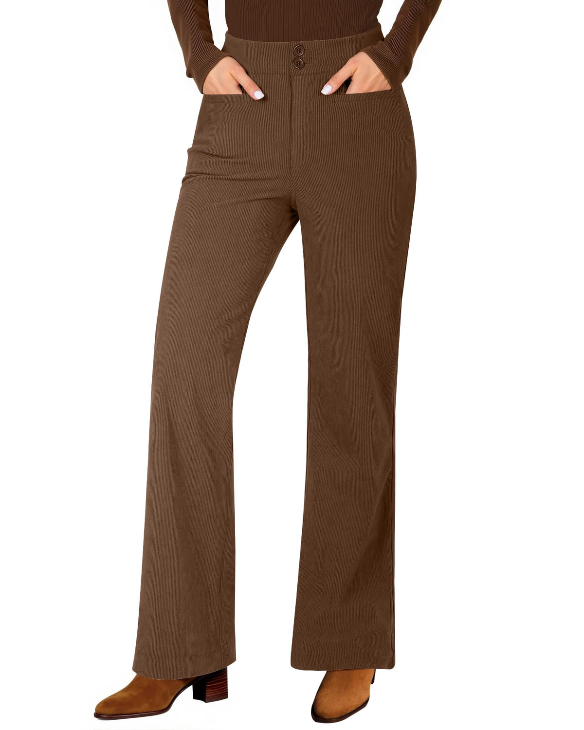 GRAPENT Corduroy Wide Leg Pants Woman High Waisted Trendy Fall Work Casual Elastic Waist Duo Button Welt Pocket Trousers