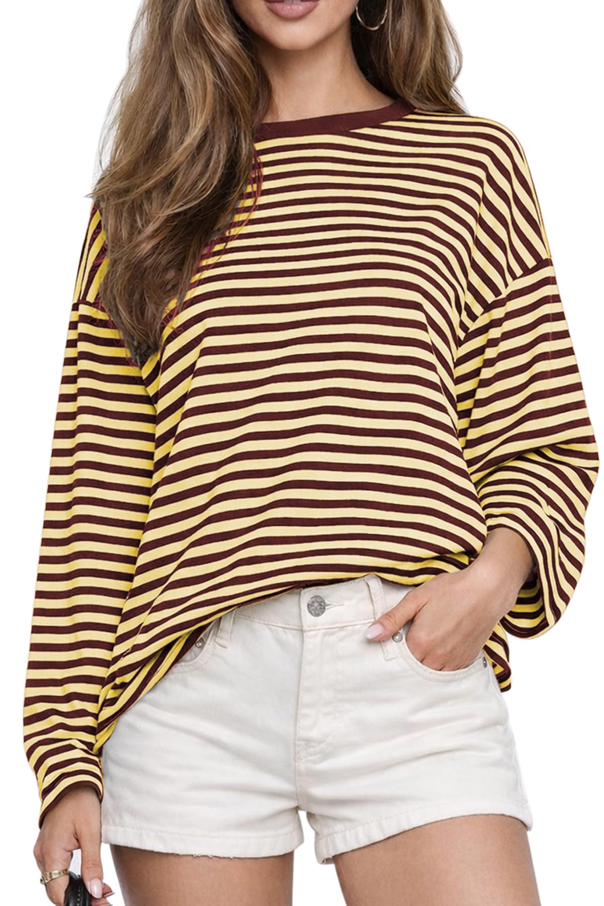 CHYRII Womens Oversized Striped Long Sleeve T Shirt Casual Fall Tops