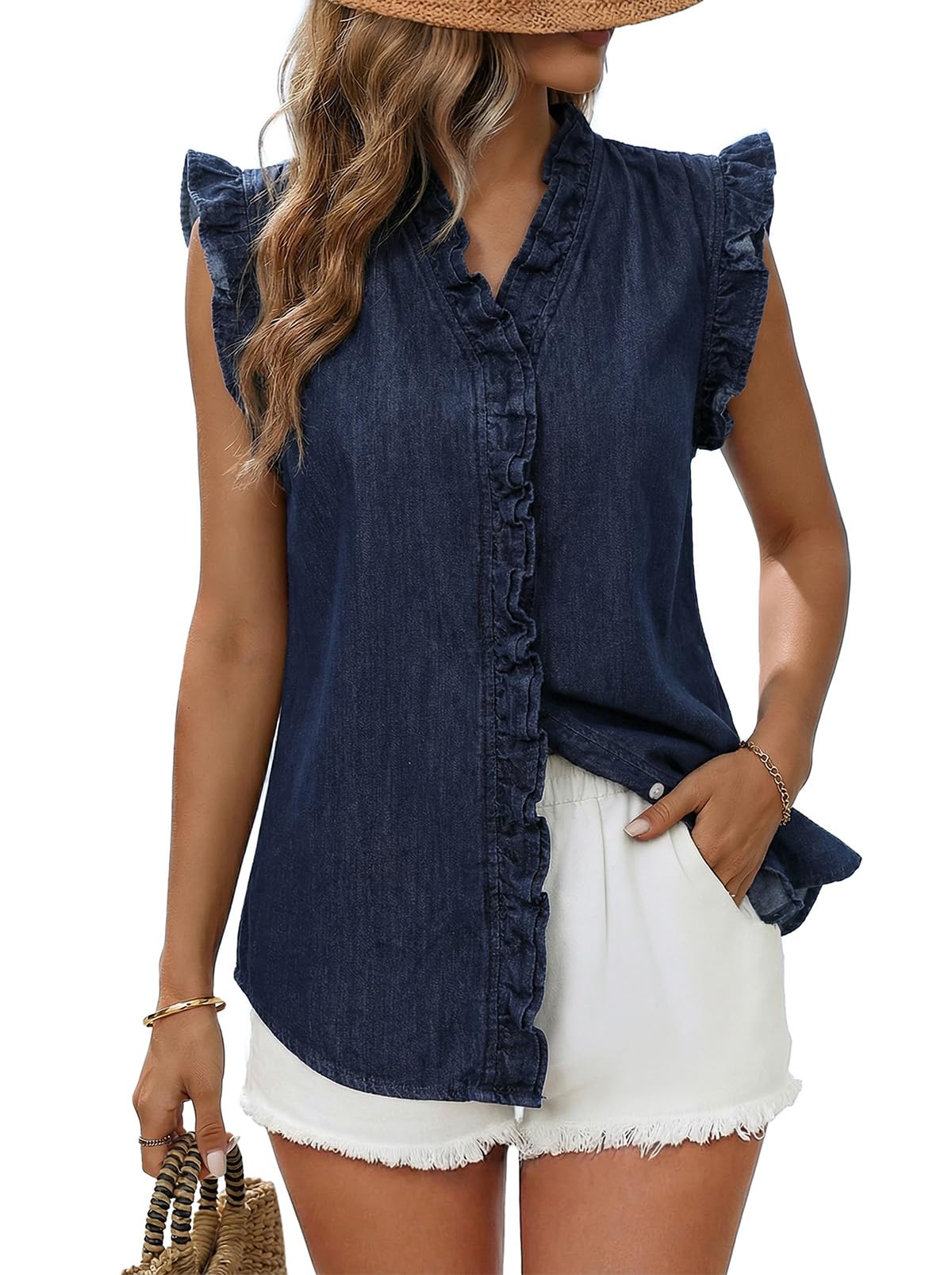 Dokotoo Denim Vest Women Sleeveless Tops Button Up Peplum V Neck Jean Vest