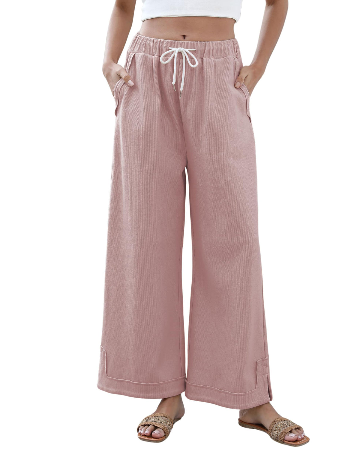 Athlisan Womens Baggy Wide Leg Palazzo Pants Casual Loose Drawstring Elastic Waisted Lounge Trousers with Pockets