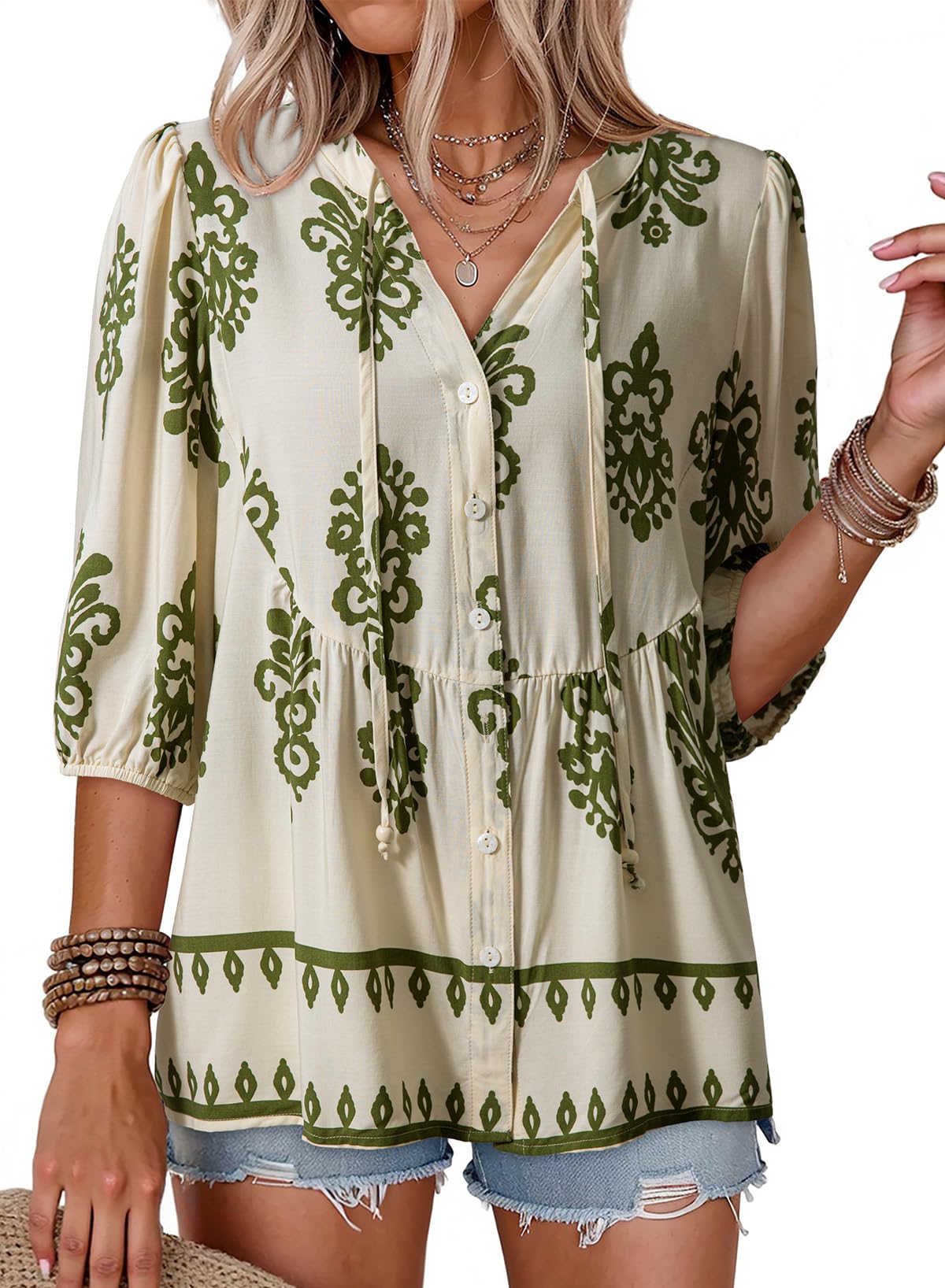 Dokotoo Womens Tops Boho Button Down V Neck Peplum Babydoll Blouses Shirts