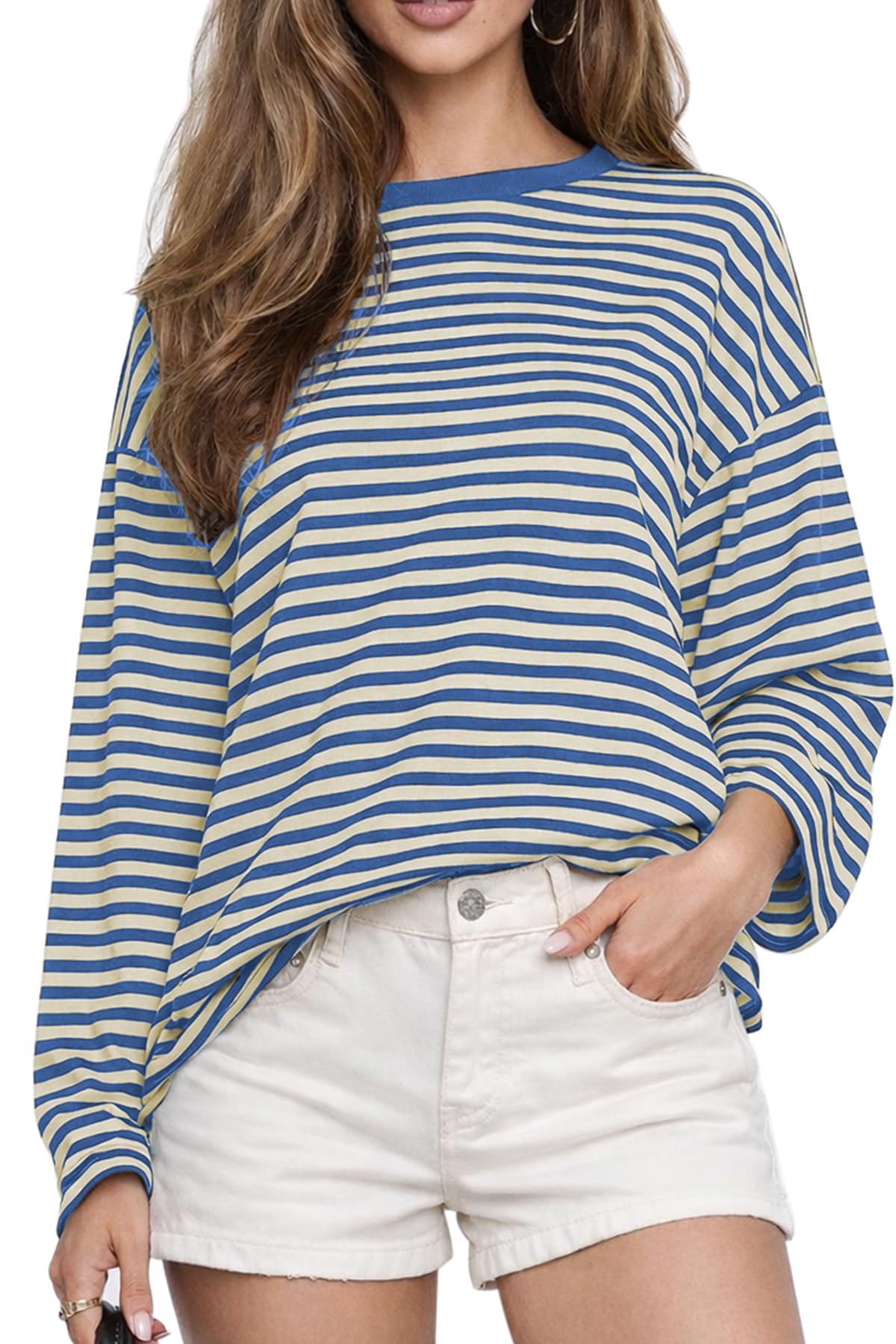 CHYRII Womens Oversized Striped Long Sleeve T Shirt Casual Fall Tops