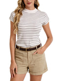 Women's Slim Fit Short Sleeve Sweater Lightweight Trendy Ribbed Knit Summer Top Dressy Casual Striped Pullover Shirt