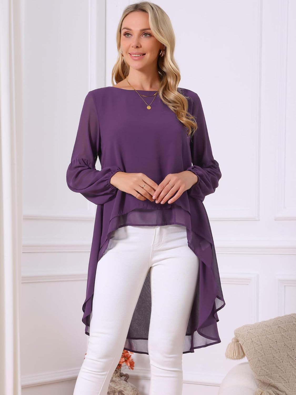Seta T Women's High Low Tops Lantern Sleeve Dressy Casual Chiffon Blouse