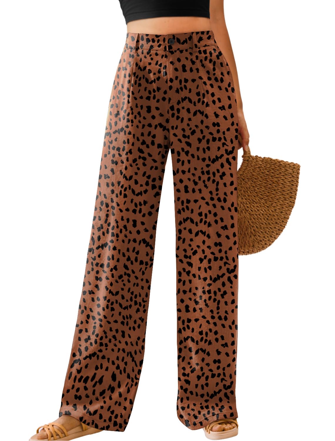 Feiersi Womens Casual Wide Leg Pants High Waisted Button Down Straight Long Trousers Palazzo Pants