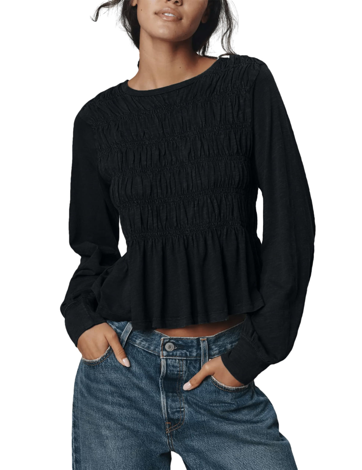OPCAKM Peplum Babydoll Tops for Women Flowy Long Sleeve Blouse