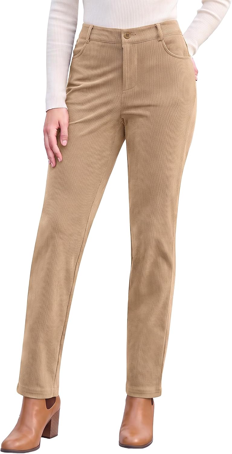Vetinee Corduroy Pants for Women Elastic High Waisted Straight Leg Trousers