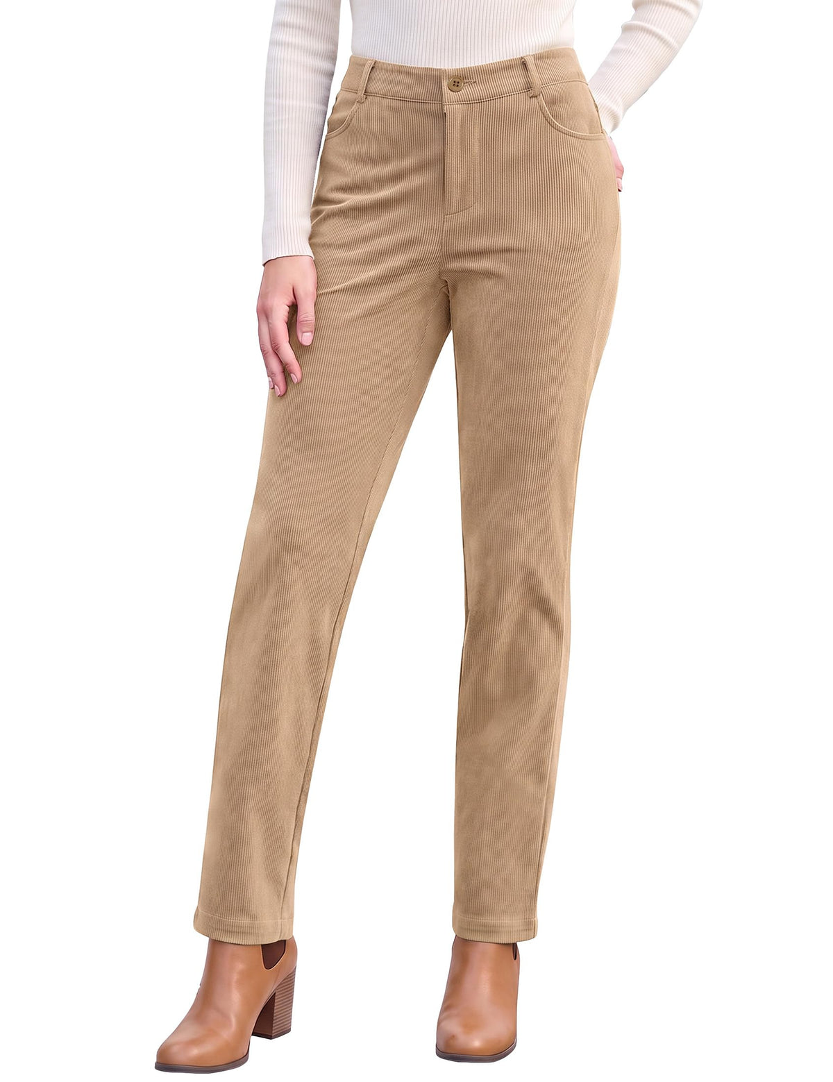Vetinee Corduroy Pants for Women Elastic High Waisted Straight Leg Trousers