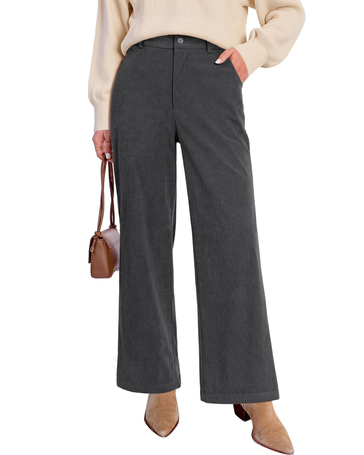 GRAPENT Corduroy Wide Leg Pants Woman High Waisted Fall Business Casual Elastic Waist Loose Trendy Trousers with Pockets