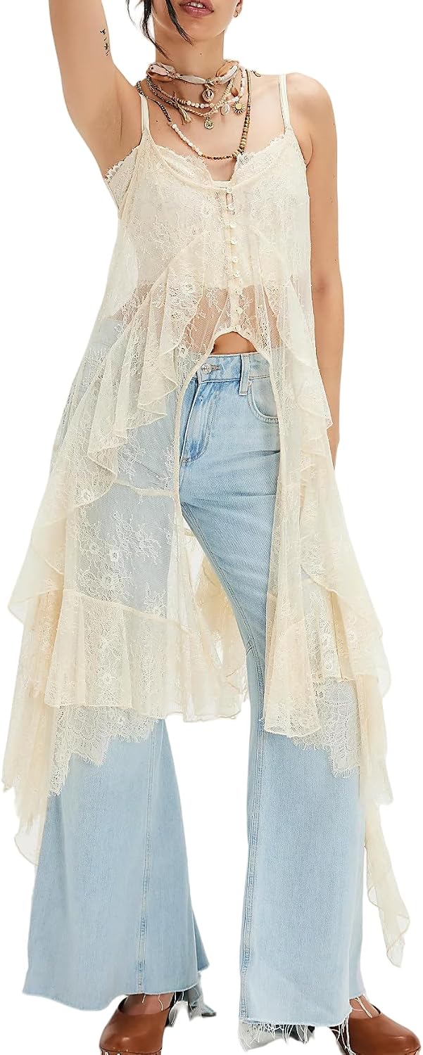 Women Sheer Floral Lace Cami Tops Spaghetti Strap Ruffle Flowy Long Tank Tops Sexy Split Front Going Out Top