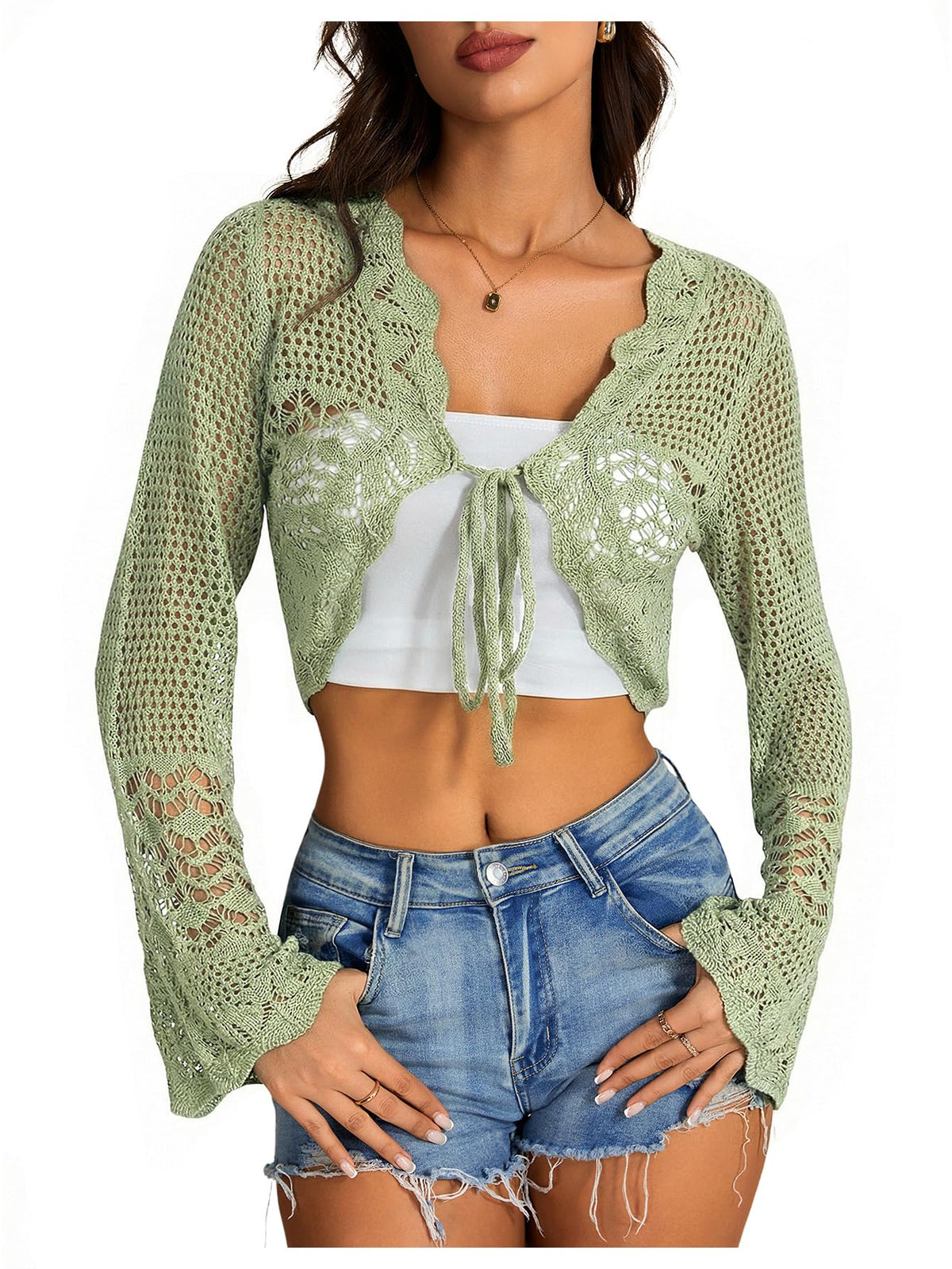 OYOANGLE Women's Crochet Tie Front Cardigan Sweater Bolero Shrug