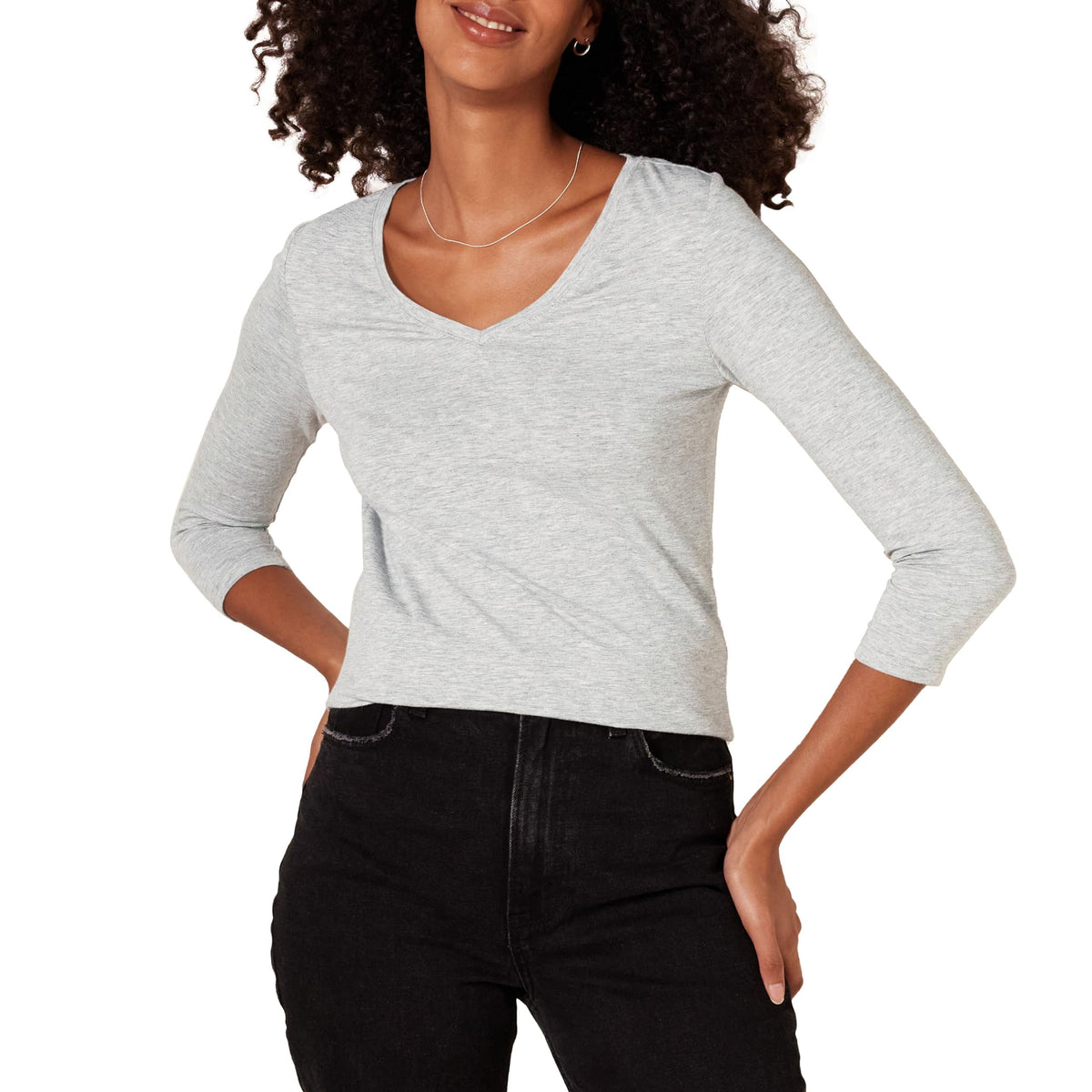 Amazon Essentials Women's Regular-Fit 3/4 Sleeve V-Neck Cotton Modal T-Shirt (Available in Plus Size)