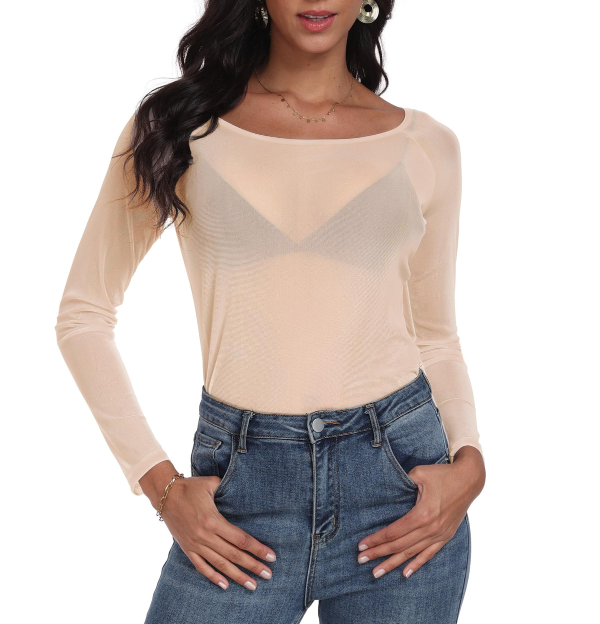 Womens Mesh Tops Long Sleeve Sheer Shirts Fitted Crewneck See Through Sexy Top Clubwear Party Club Night Blouses
