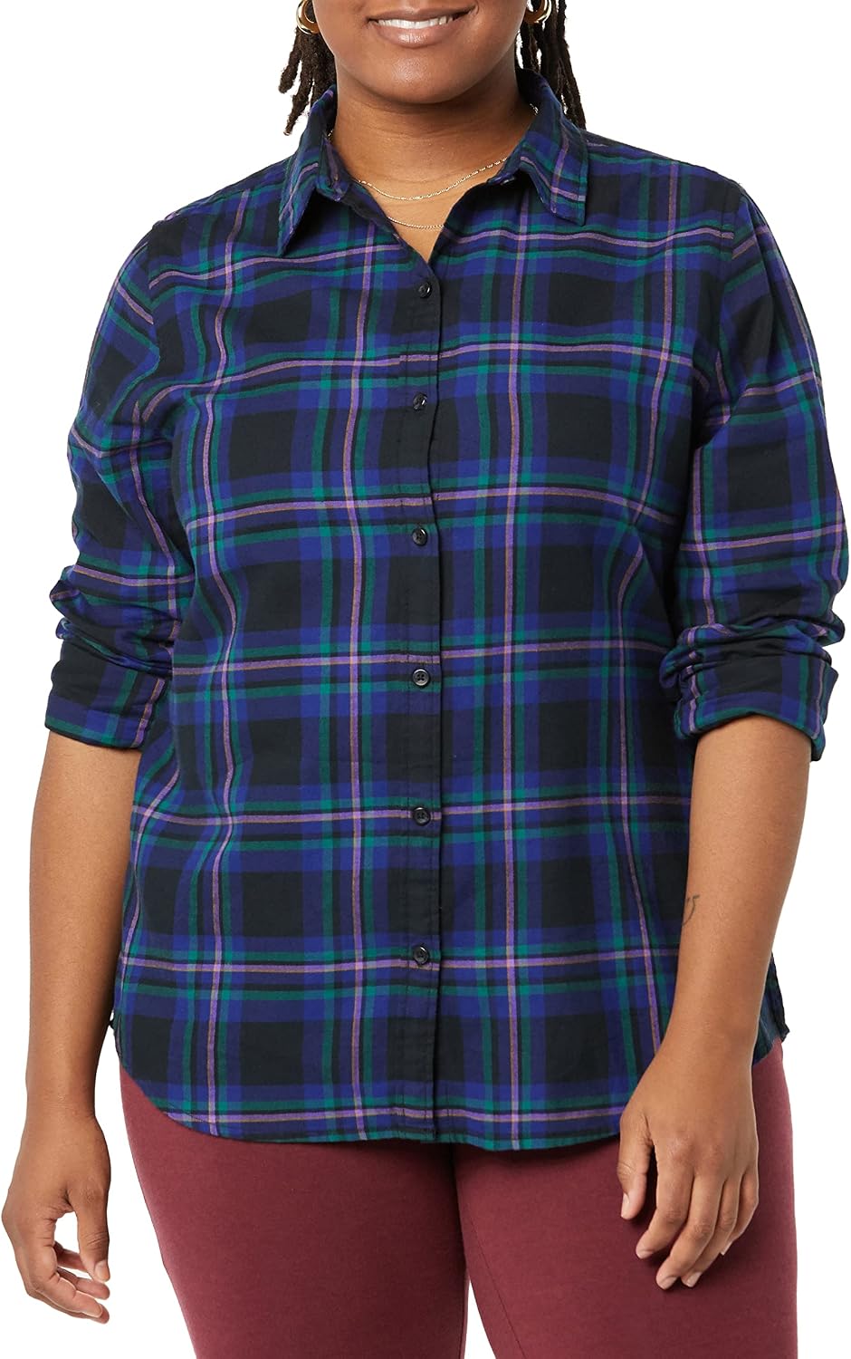 Amazon Essentials Women's Regular-Fit Long-Sleeve Lightweight Cotton Brushed Flannel Shirt
