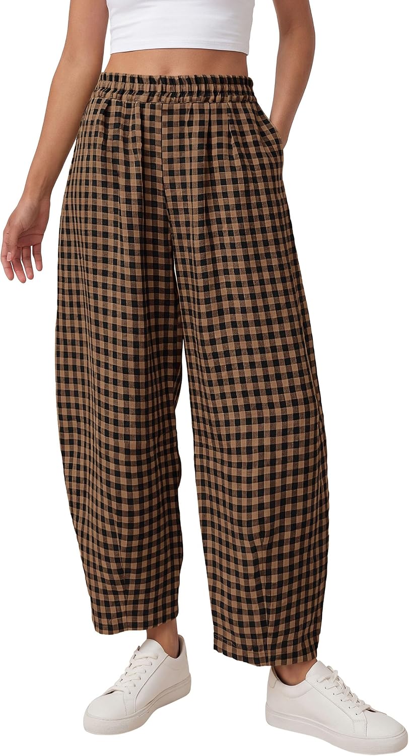 PRETTYGARDEN Plaid Barrel Pants Women Summer Bottoms
