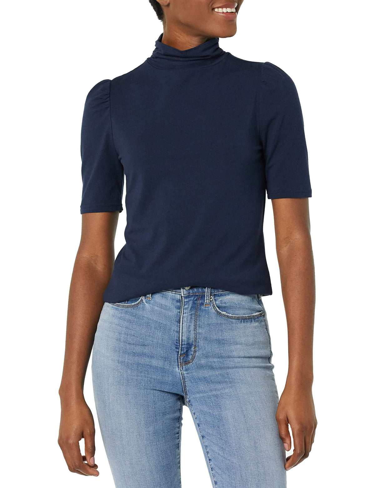 Amazon Essentials Women's Cotton Modal Draped Puff Sleeve Turtleneck Top, Navy, Regular Fit