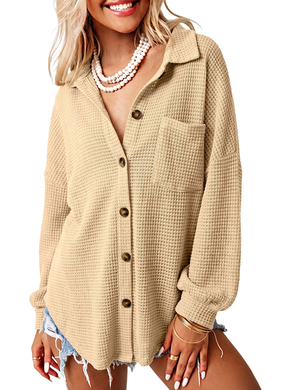 Dokotoo Womens Waffle Knit Shacket Jacket Casual Button Down Shirts Tops