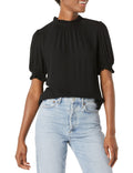Amazon Essentials Women's Fluid Twill Short Puff Sleeve Ruffle Smocked Shirt