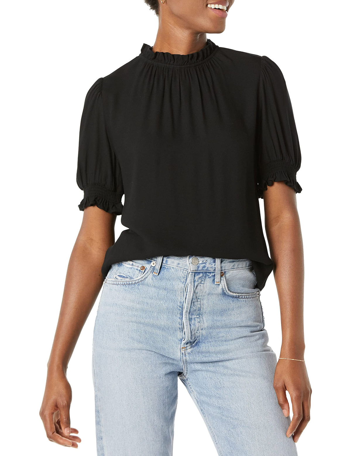 Amazon Essentials Women's Fluid Twill Short Puff Sleeve Ruffle Smocked Shirt