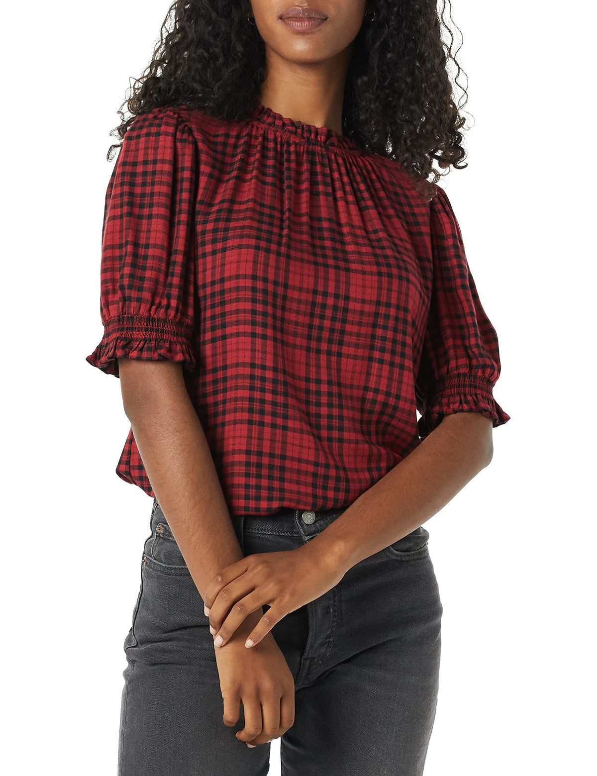 Amazon Essentials Women's Fluid Twill Short Puff Sleeve Ruffle Smocked Shirt