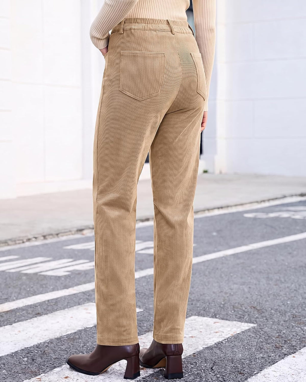 Vetinee Corduroy Pants for Women Elastic High Waisted Straight Leg Trousers