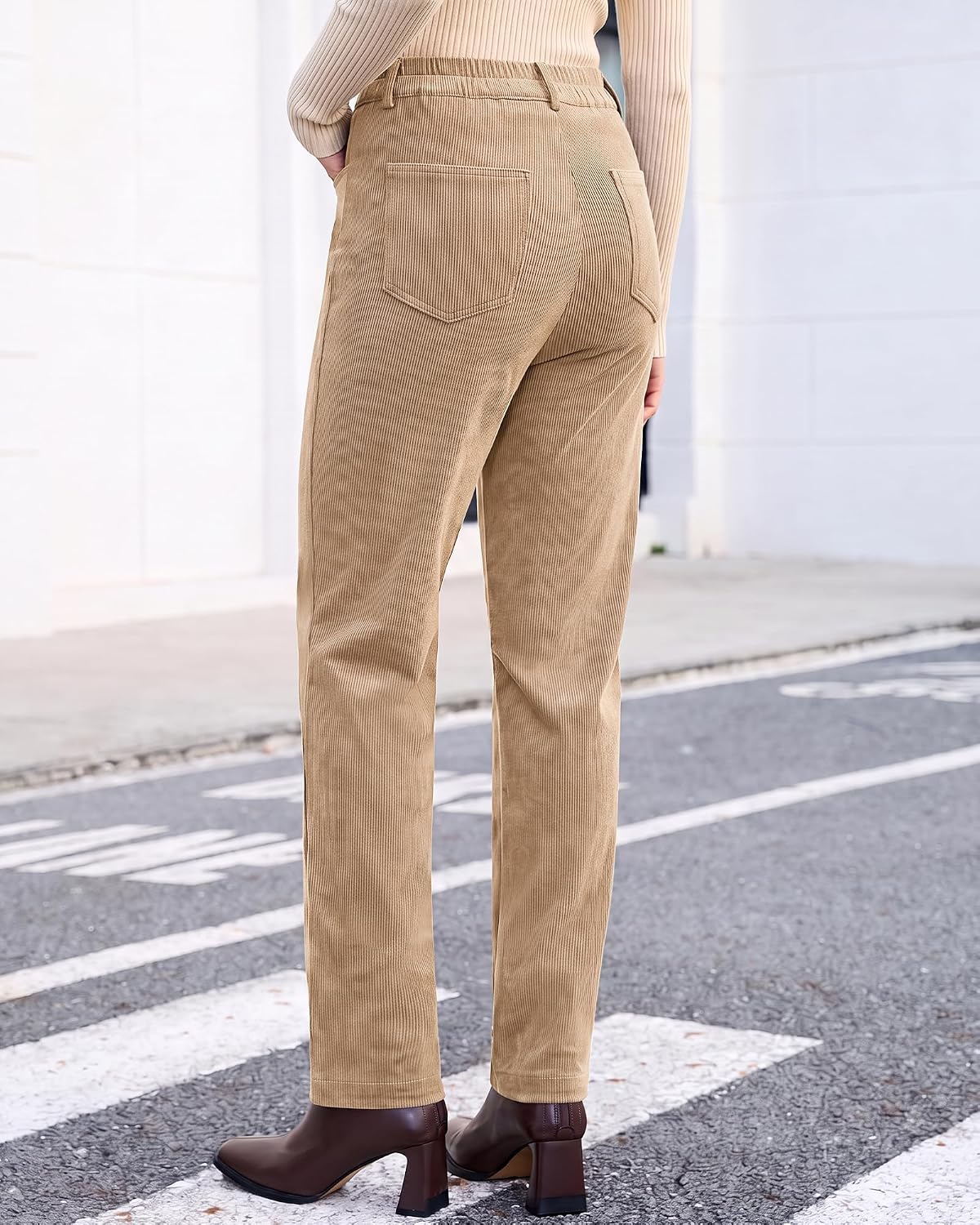 Vetinee Corduroy Pants for Women Elastic High Waisted Straight Leg Trousers