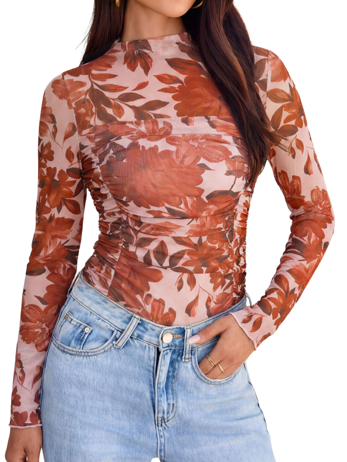 Glamaker Women's Lace Mesh Sexy Tops Long Sleeve Mock Neck Sheer Y2K Date Night Going Out Shirts Floral Ruched Blouses