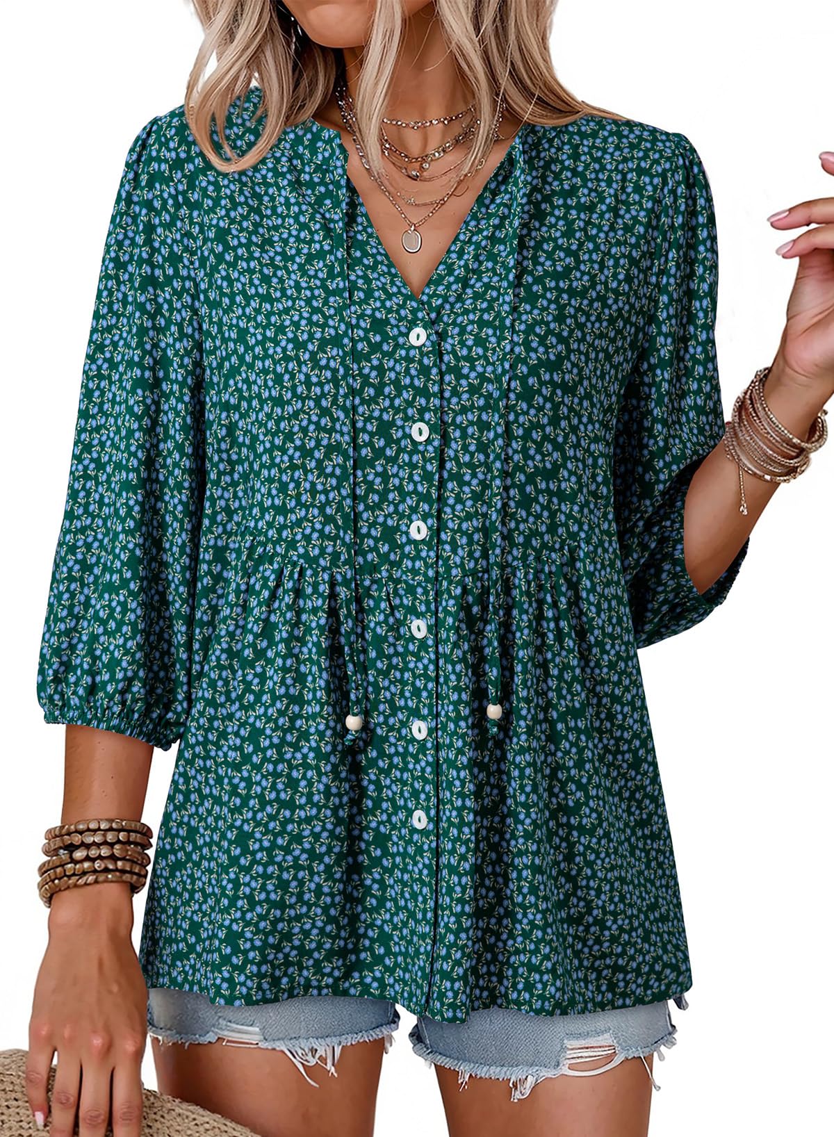 Dokotoo Womens Tops Boho Button Down V Neck Peplum Babydoll Blouses Shirts