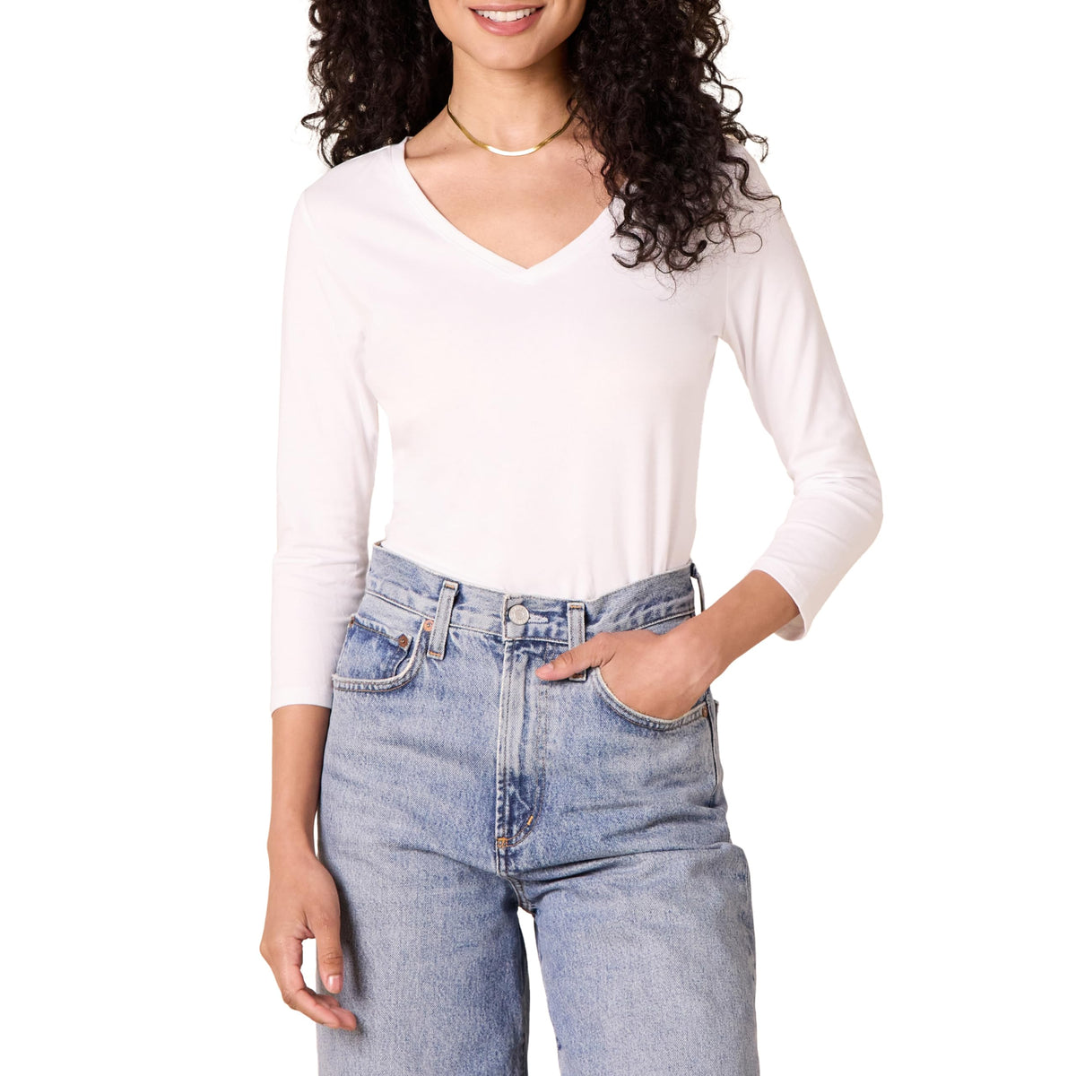 Amazon Essentials Women's Regular-Fit 3/4 Sleeve V-Neck Cotton Modal T-Shirt (Available in Plus Size)