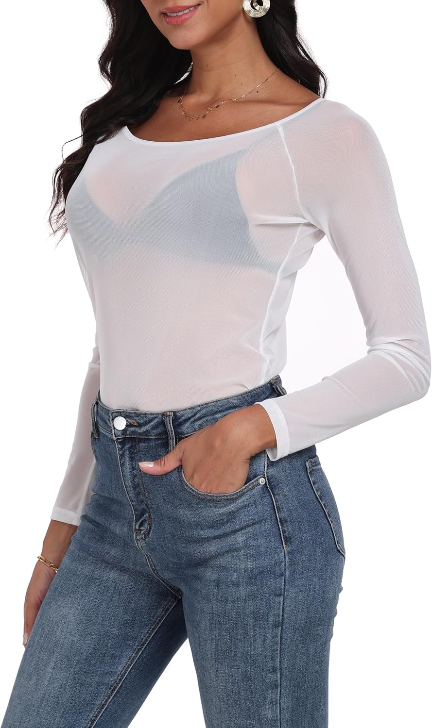 Womens Mesh Tops Long Sleeve Sheer Shirts Fitted Crewneck See Through Sexy Top Clubwear Party Club Night Blouses