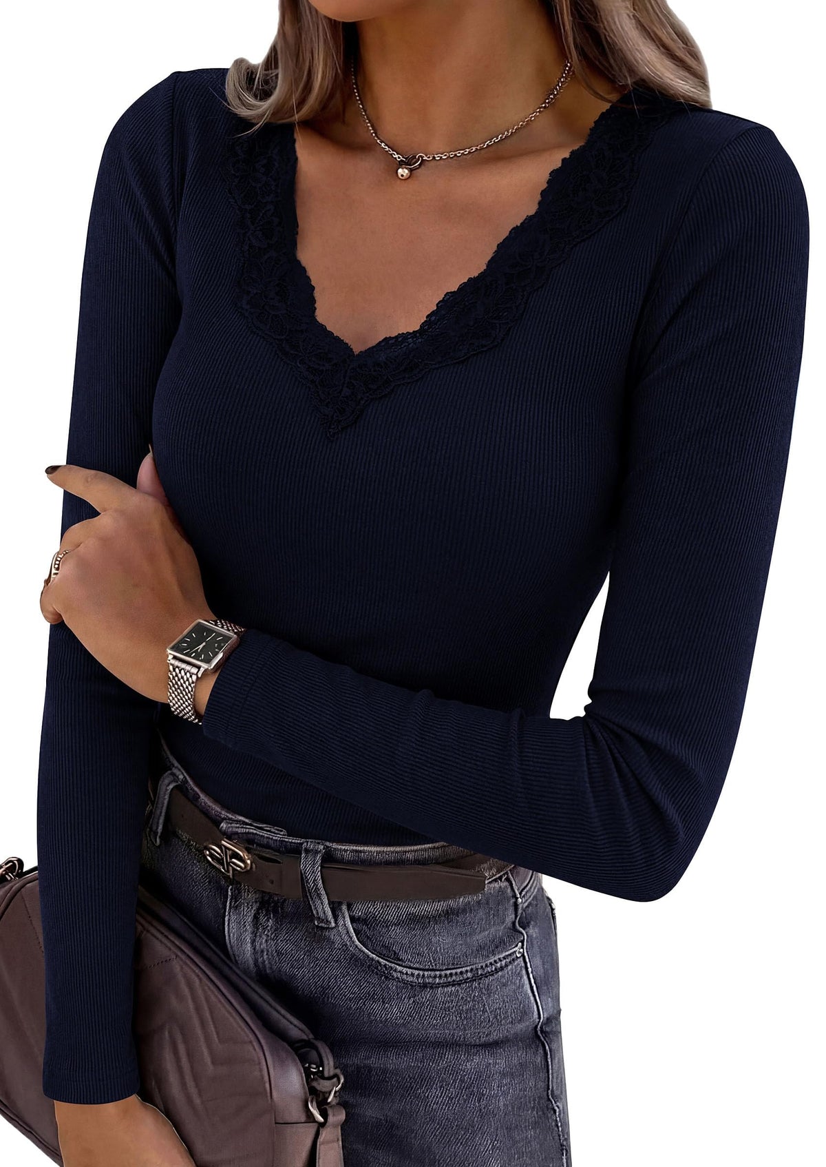 PRETTYGARDEN Women's Lace V Neck Long Sleeve Fitted T Shirts
