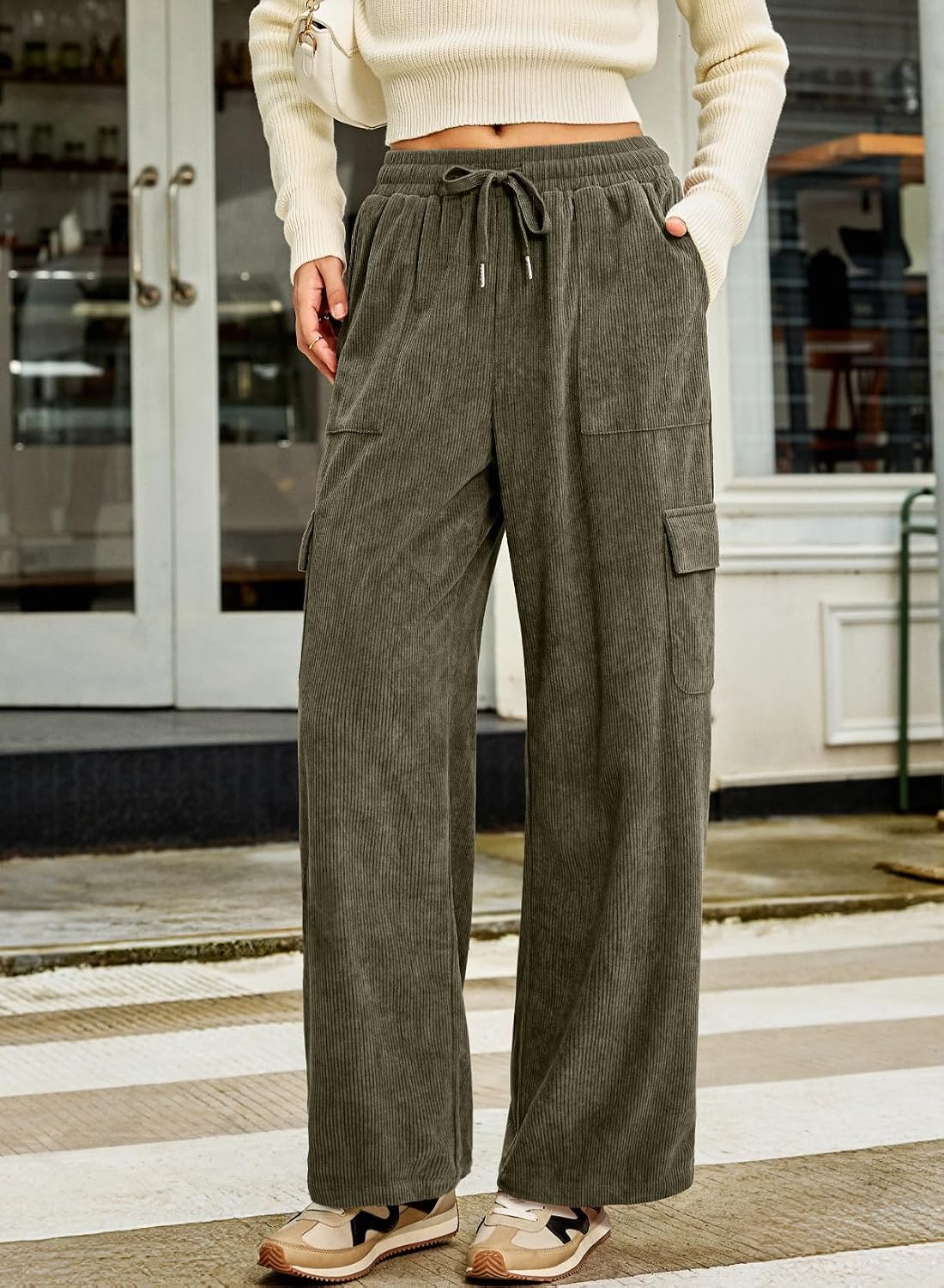 Sidefeel Womens Corduroy Pants Casual High Waisted Elastic Drawstring Cargo Loose Fit Wide Leg Pants with Pockets