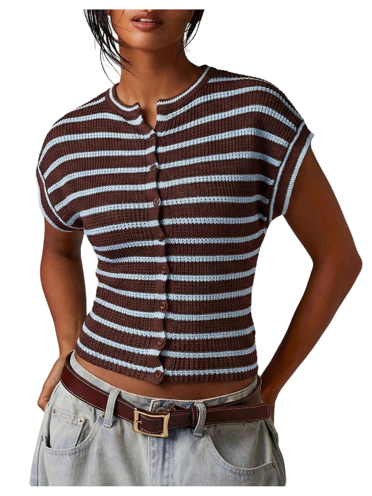 SHENHE Women's Cap Sleeve Button Up Sweater Sleeveless Knit Vest Crop Top
