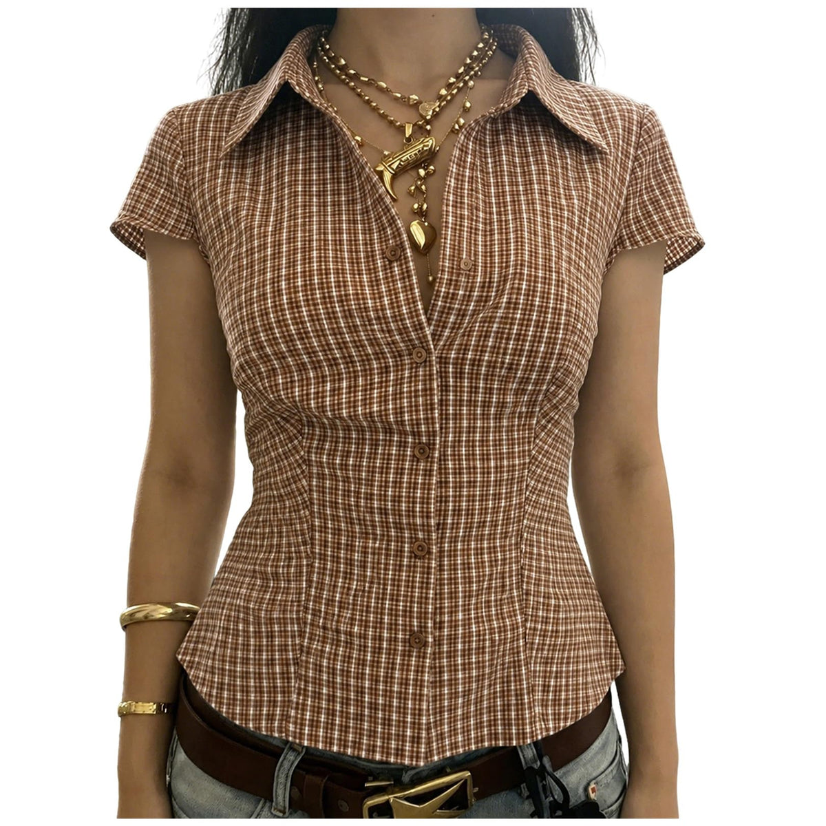Women Short Sleeve Plaid Button Up Shirt Y2K Button Down Collared Blouse Summer Vintage Slim Fit Gingham Top