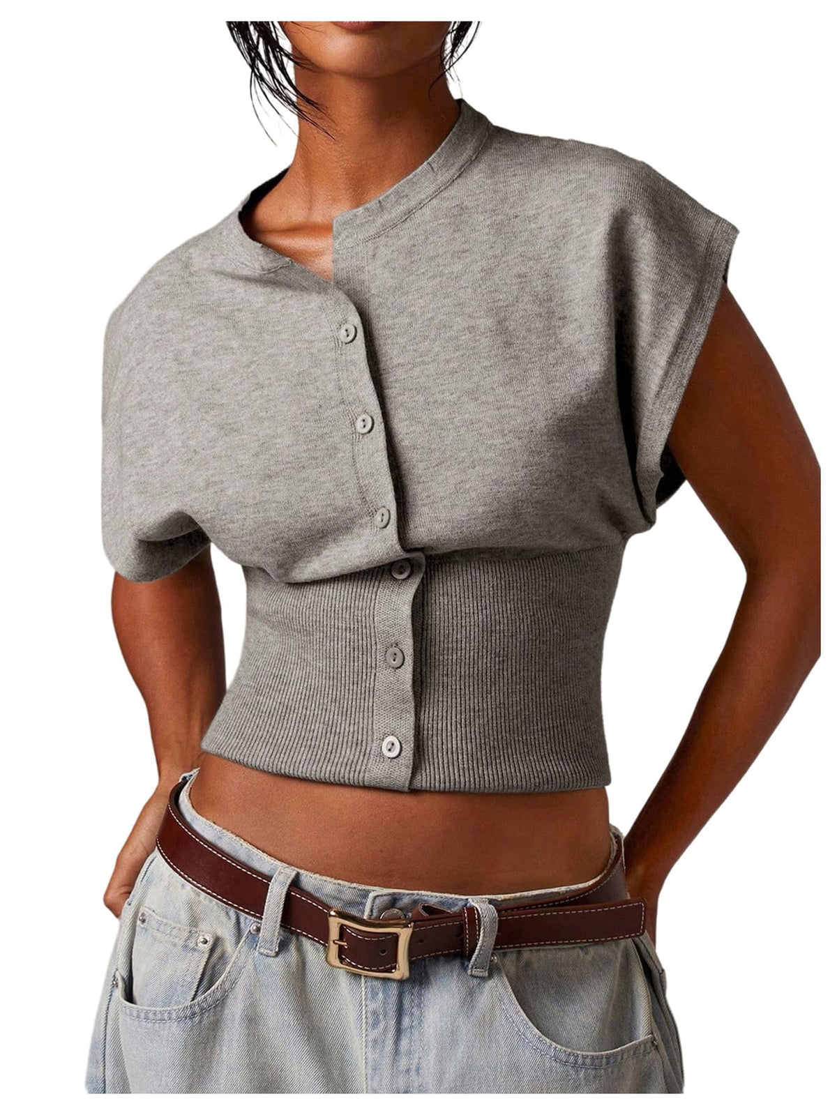 SHENHE Women's Cap Sleeve Button Up Sweater Sleeveless Knit Vest Crop Top