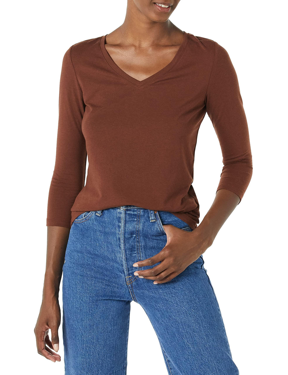 Amazon Essentials Women's Regular-Fit 3/4 Sleeve V-Neck Cotton Modal T-Shirt (Available in Plus Size)