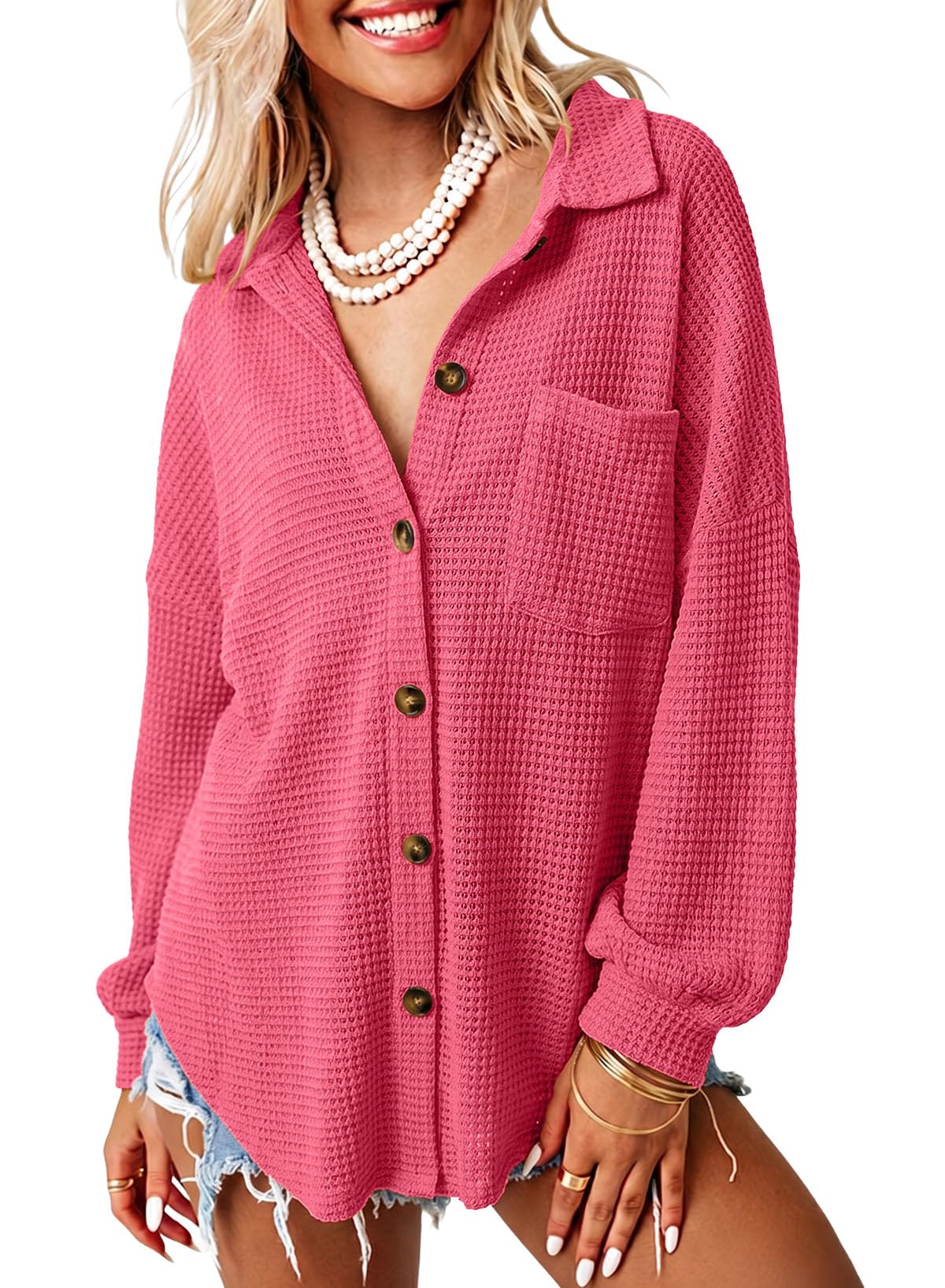 Dokotoo Womens Waffle Knit Shacket Jacket Casual Button Down Shirts Tops