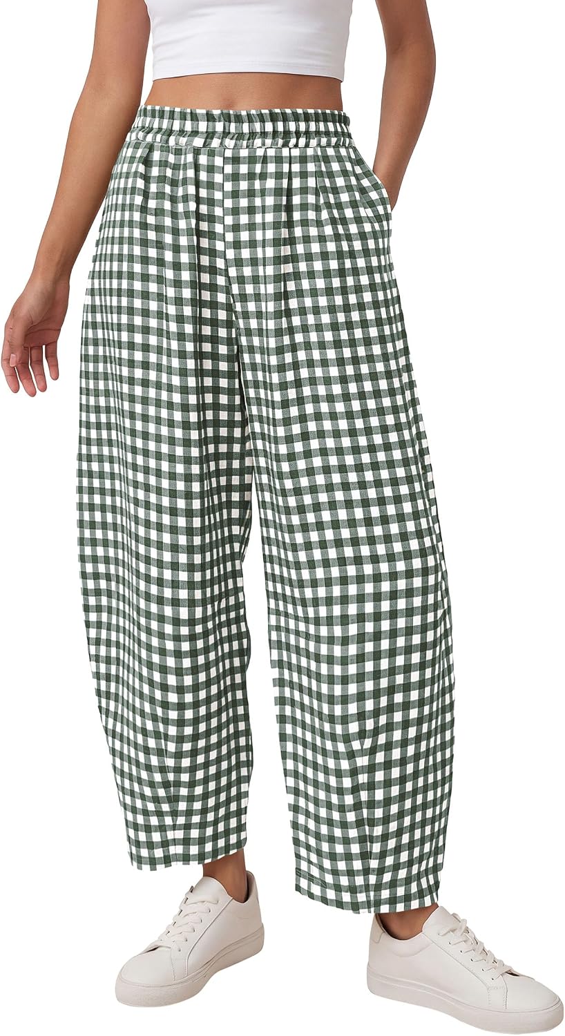 PRETTYGARDEN Plaid Barrel Pants Women Summer Bottoms
