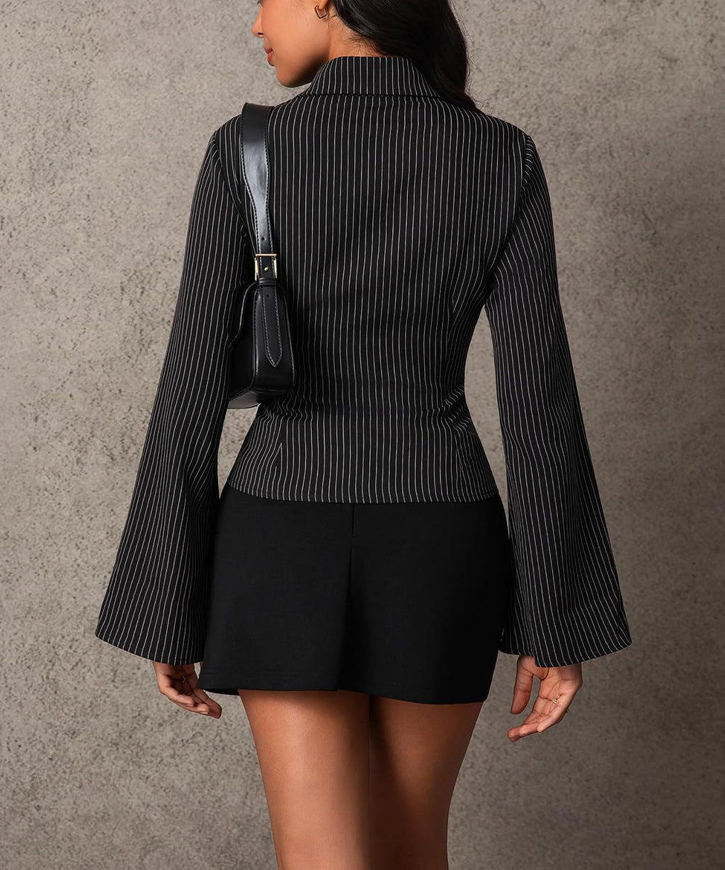 Women Striped Fitted Button Down Shirts Bell Long Sleeve Shirt Office Work Blouse Tops
