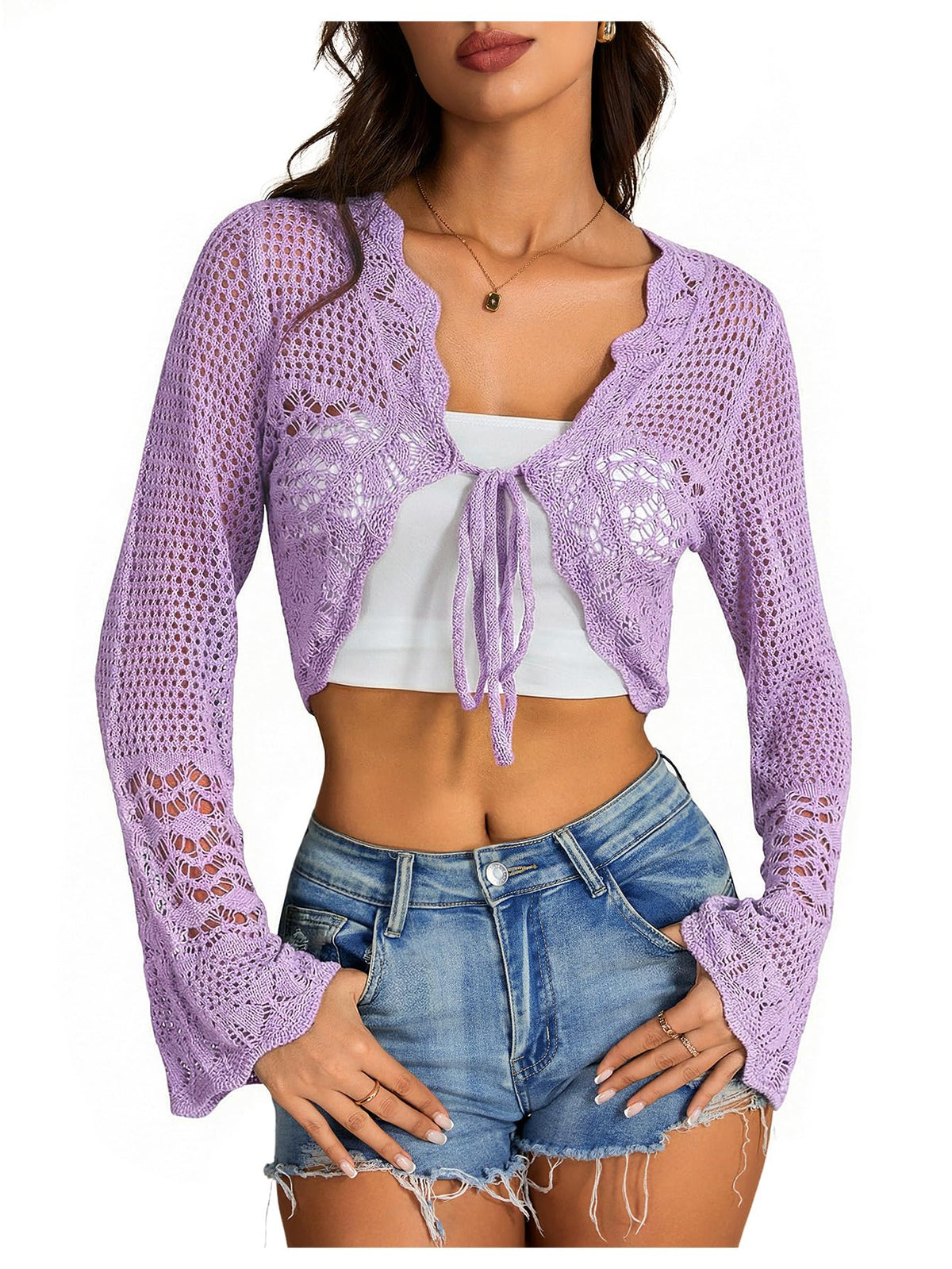 OYOANGLE Women's Crochet Tie Front Cardigan Sweater Bolero Shrug