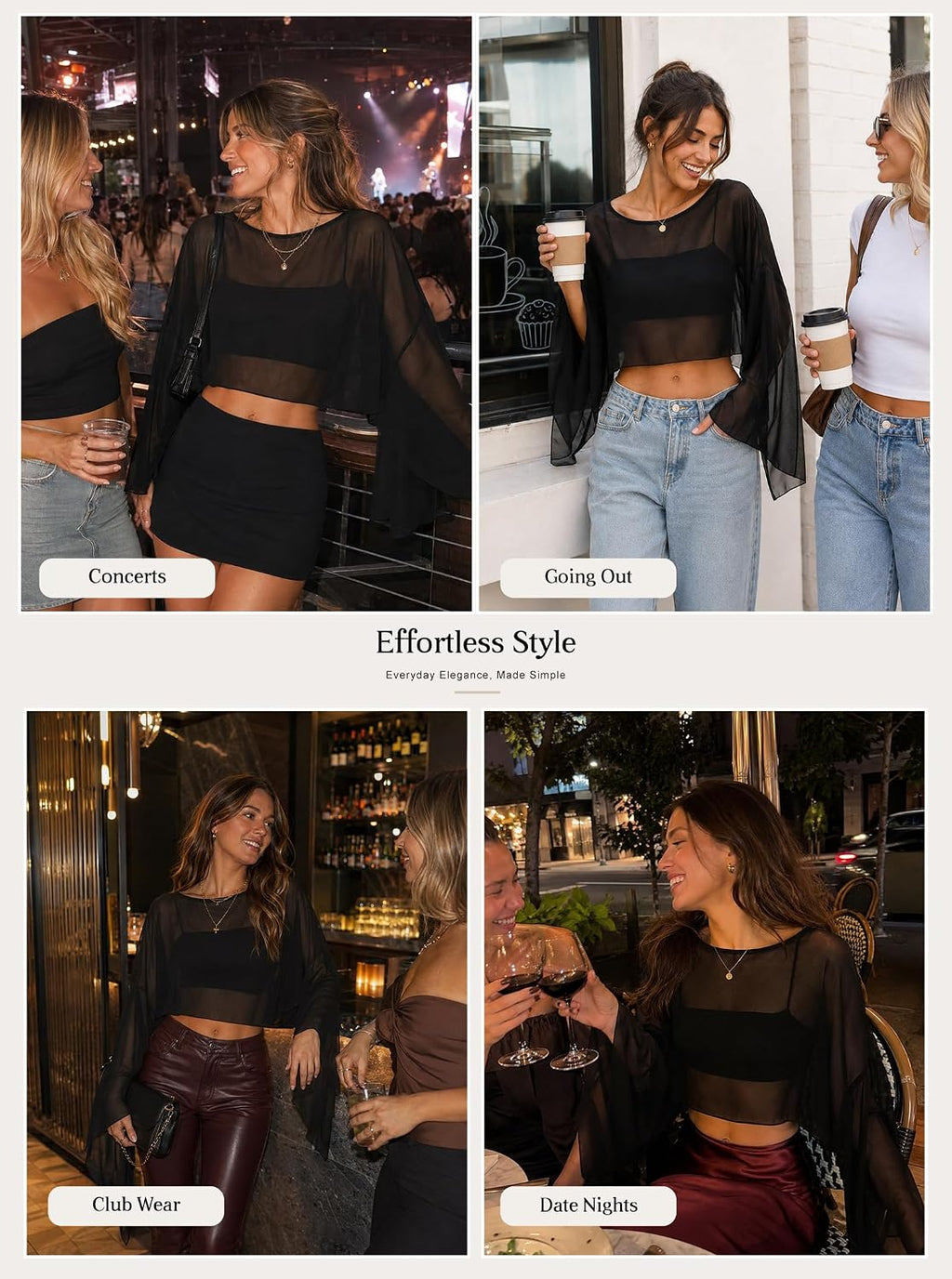 Avanova Women Boat Neck Sheer Mesh Crop Top Bell Long Sleeve Tops