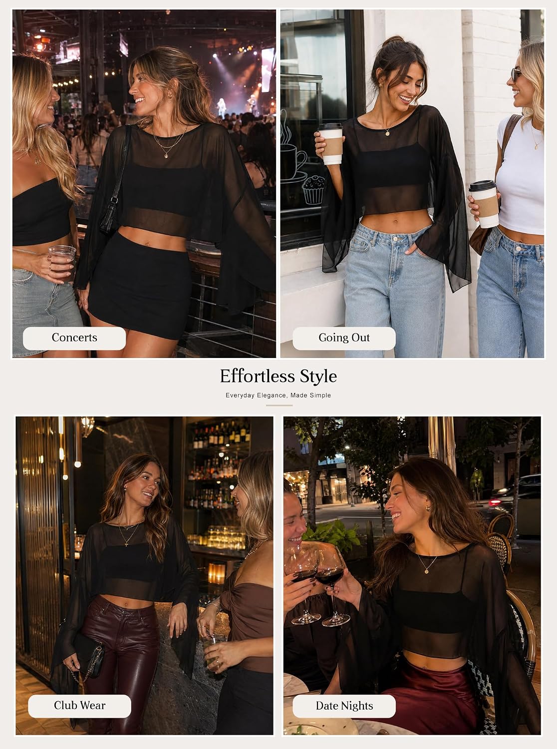 Avanova Women Boat Neck Sheer Mesh Crop Top Bell Long Sleeve Tops