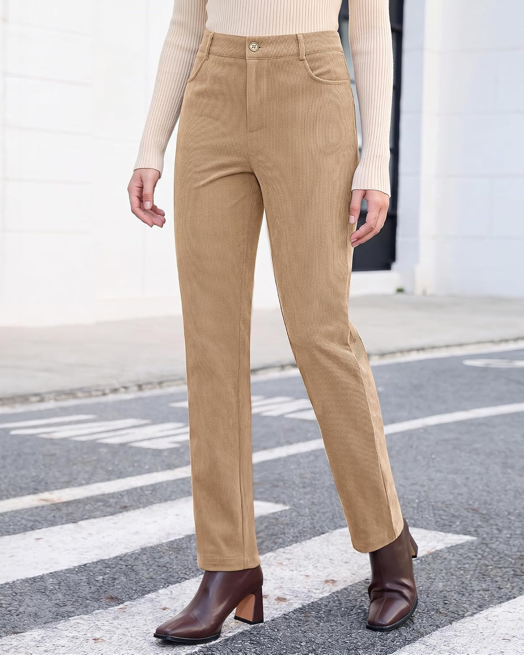 Vetinee Corduroy Pants for Women Elastic High Waisted Straight Leg Trousers