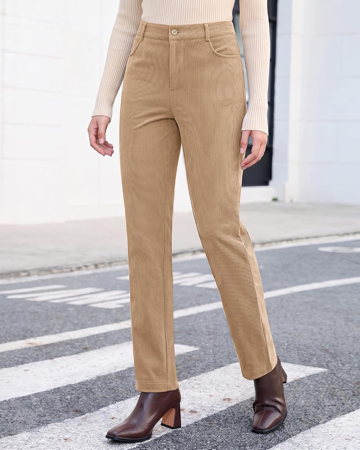 Vetinee Corduroy Pants for Women Elastic High Waisted Straight Leg Trousers
