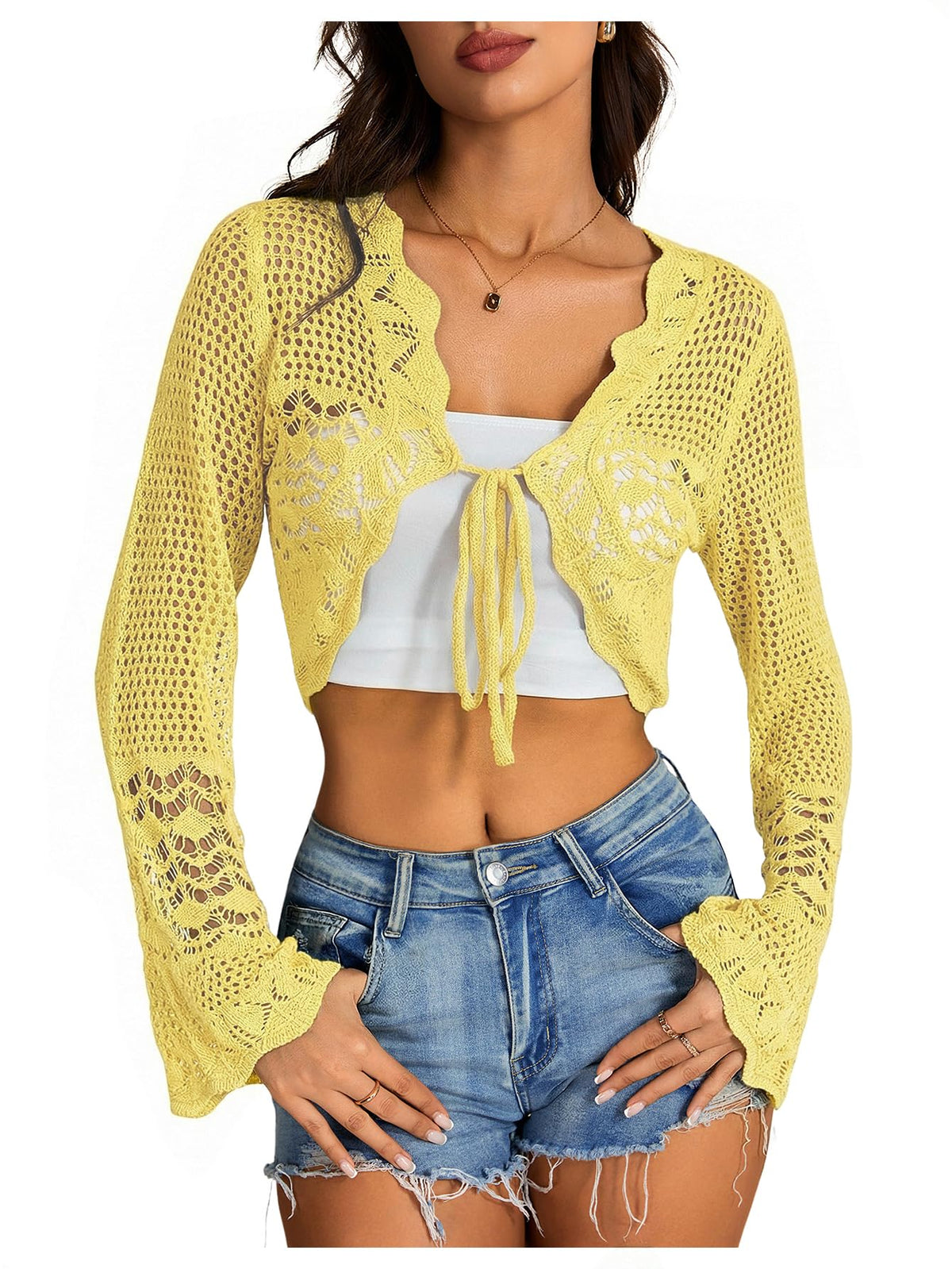 OYOANGLE Women's Crochet Tie Front Cardigan Sweater Bolero Shrug
