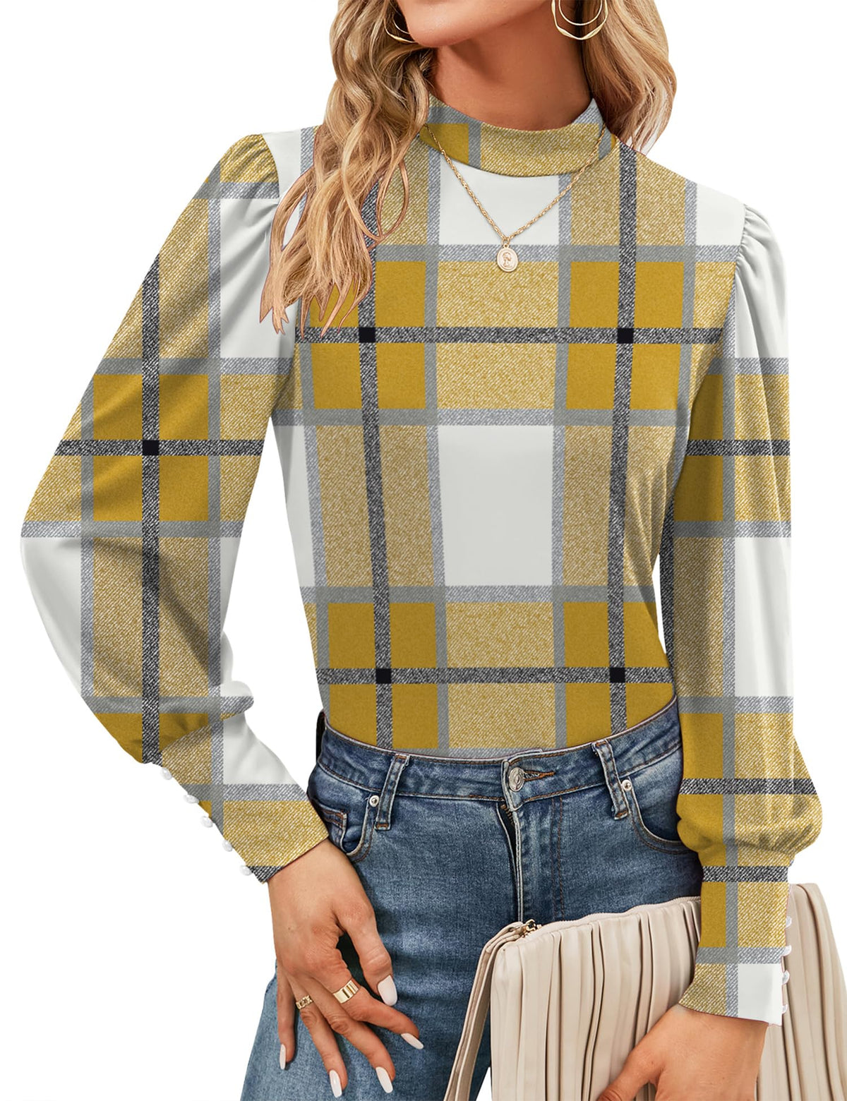 Mock Neck Tops for Womens Turtleneck Puff Long Sleeve Shirts Blouses