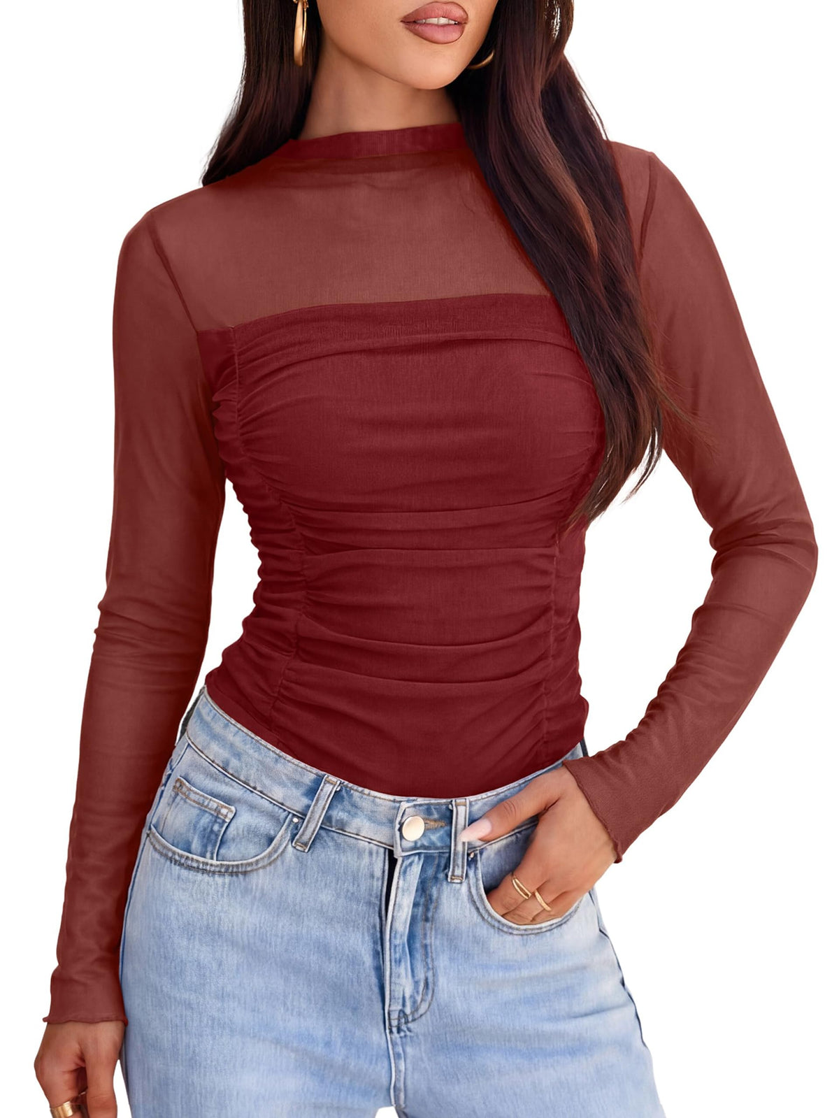Glamaker Women's Lace Mesh Sexy Tops Long Sleeve Mock Neck Sheer Y2K Date Night Going Out Shirts Floral Ruched Blouses