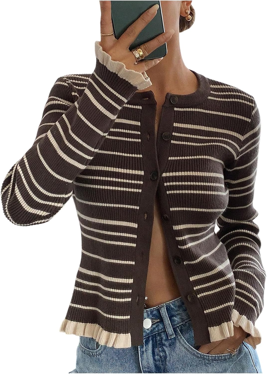 SOLY HUX Women's Striped Button Up Cardigan Sweaters Long Sleeve Sweater