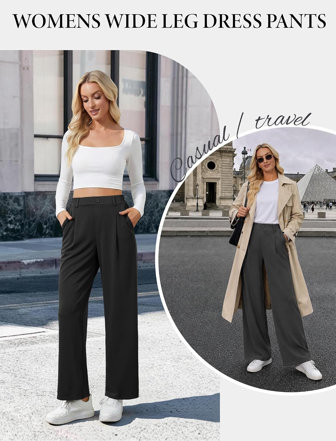 DLOODA Wide Leg Dress Pants for Women Pull on High Waisted Work Pants