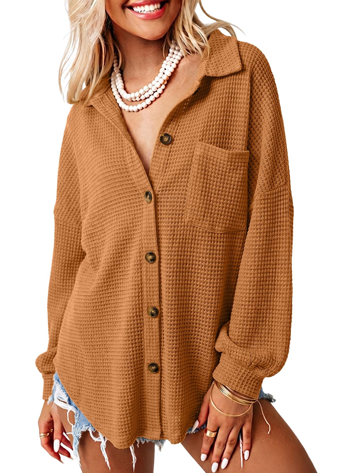 Dokotoo Womens Waffle Knit Shacket Jacket Casual Button Down Shirts Tops